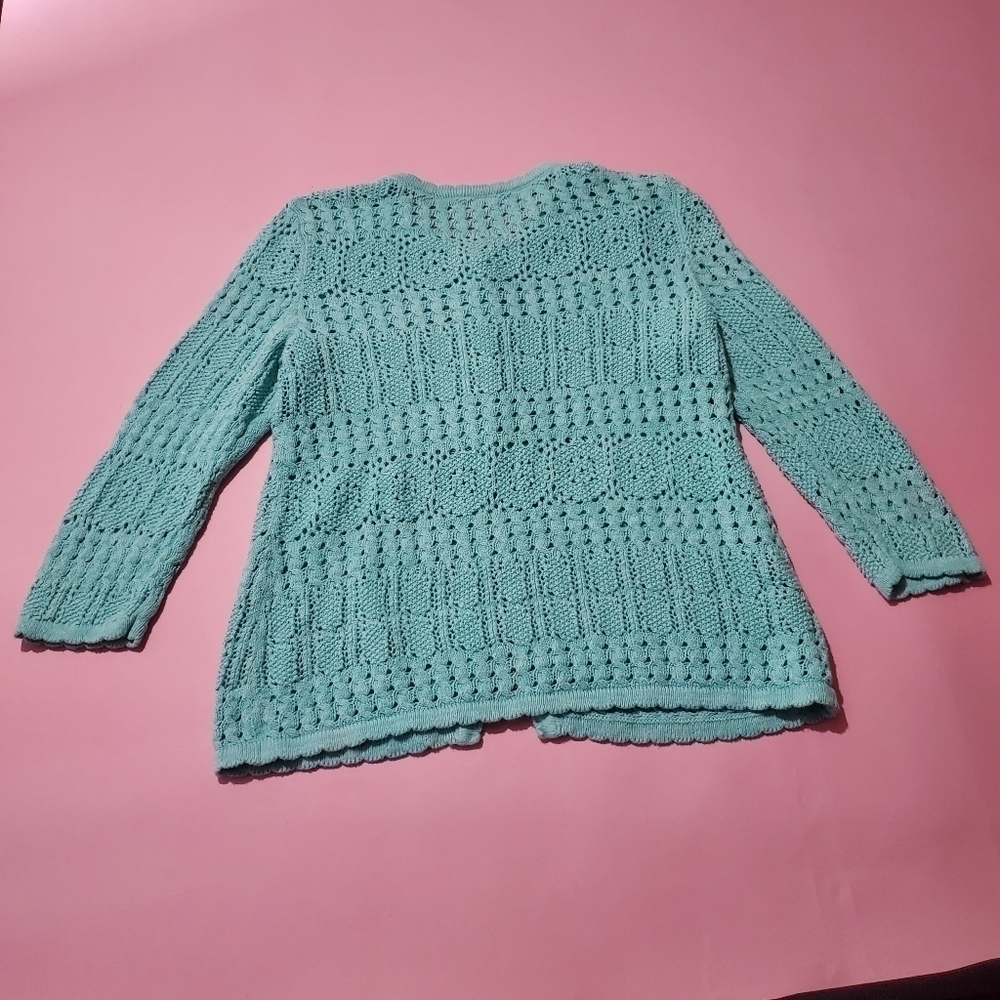 Vintage 1980s 80s Robin Egg Blue Knit Sweater Scalloped Hems - Picture 5 of 8